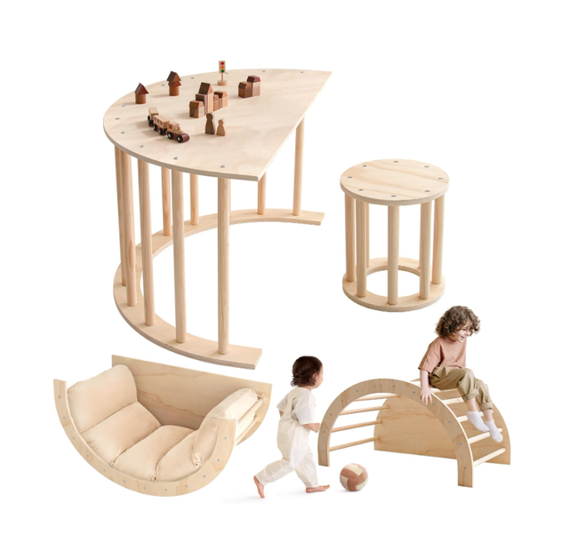 Wooden Climber Montessori Table Climbing Gym Arch Toys Indoor Kids Climber Arch Rocker with Cushion Set with Stool for Kids