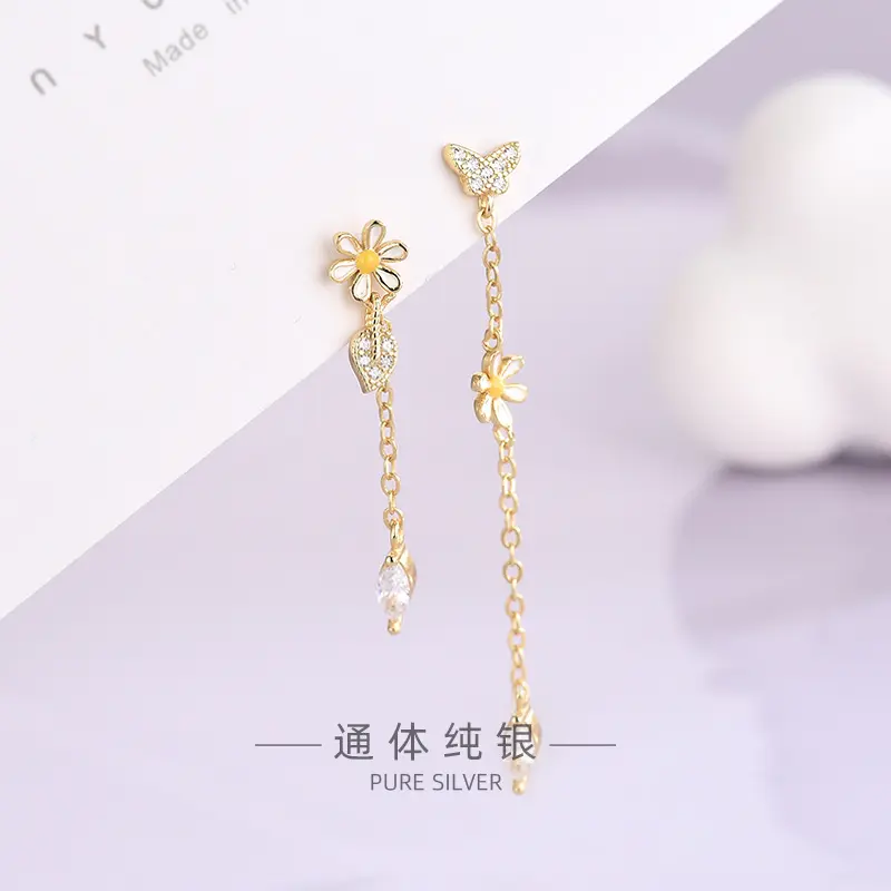 fashion korea earrings jewelry 925 sterling silver butterfly and flower stud earrings gold plated chain stud earrings women