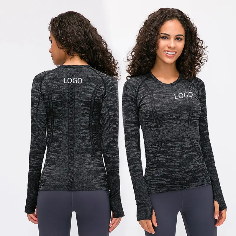 D19083 Women gym fitness sweatshirt long sleeve knitted running top workout clothing with thumb hole