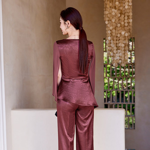 Women's Purple Suit Set 2025 Spring Summer Solid Color Satin Two Piece Casual Breathable Wide Leg Pants Yq8667 - Product Image 4