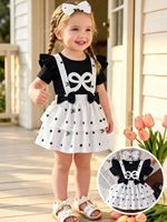 Ensemble 3 pièces pour bébé fille : haut à manches courtes imprimé nœud + jupe double à bretelles + bandeau pour cheveux en polyester/coton