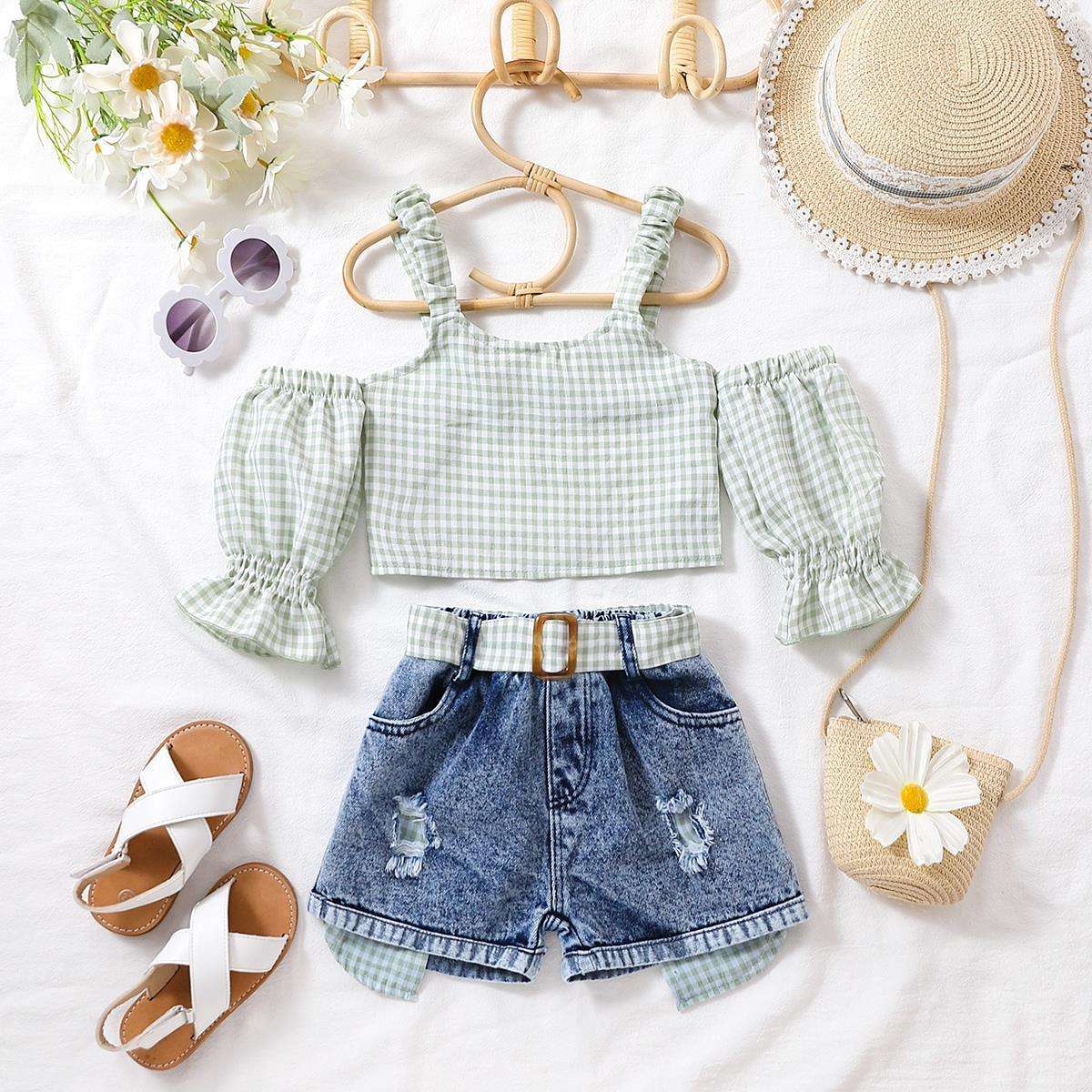 Set di vestiti estivi per bambini maglietta scozzese per ragazze  pantaloncini di jeans pezzi outfit baby summer off spalla top tees