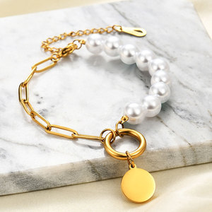 Pulsera de perlas de imitación, cadena de oro, colgante redondo, regalo de joyería de moda para mujer - Product Image 1