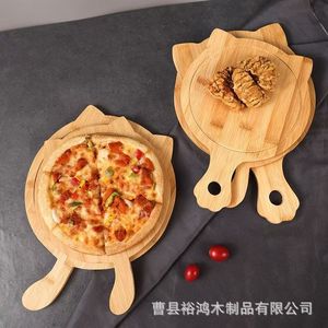 Plateau à pizza en forme de chat en bois de bambou avec poignée pour restaurant et pâtisserie maison, plateau de service pour gâteaux - Product Image 1