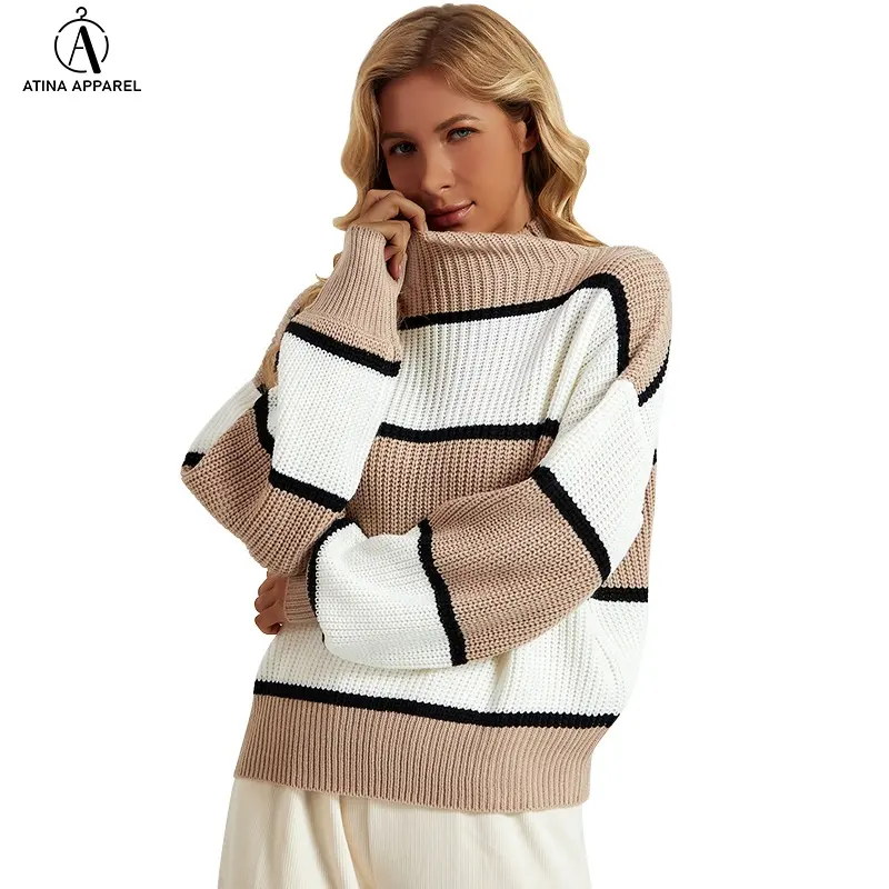 OEM FTY Fashionable Sweater Women Thick Winter Casual Cowl Neck Knitted Pull Over Striped Custom Sweater Design Femme Chic Hiver