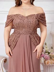 Vestido de Noche Formal <span class=keywords><strong>Maxi</strong></span> de Gasa con Hombros Descubiertos, Manga Corta, Espalda Descubierta, Lentejuelas, Patchwork, Cintura Fruncida y Cola Larga - Product Image 4