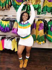 Roupas de Mardi Gras para Mulheres, Moletom de Manga Longa com Listras Roxas, Amarelas e Verdes e Saia, Fantasia de Fãs dos New Orleans Saints - Product Image 2