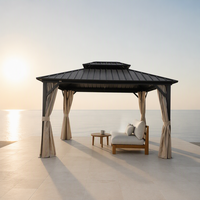 Gazebo de luxe à toit rigide en cèdre, double toit en acier galvanisé avec rideaux, pavillon permanent pour terrasse