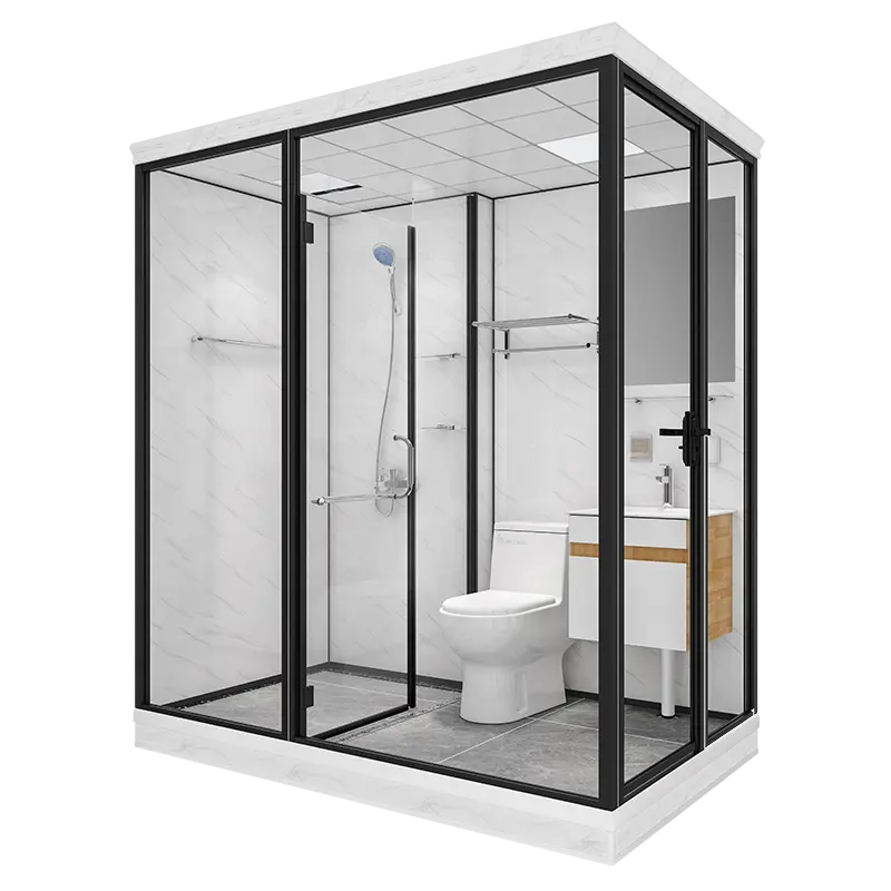 핫 세일 전체 욕실 키트 조립식 모듈 럭셔리 디자인 호텔 유리 창 샤워 오두막 캠핑 포드 욕실