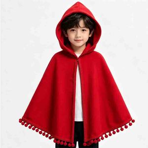 Capa <span class=keywords><strong>Roja</strong></span> con Capucha para Niños con Adorno de Pompones, Capa de <span class=keywords><strong>Caperucita</strong></span> <span class=keywords><strong>Roja</strong></span>, Disfraz de Halloween y Navidad para Niños y Niñas - Product Image 6