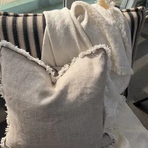 In Stock Neutral Exquisite Fringed Heavy Weight French Linen Cushion Cover For Bed Or Sofa