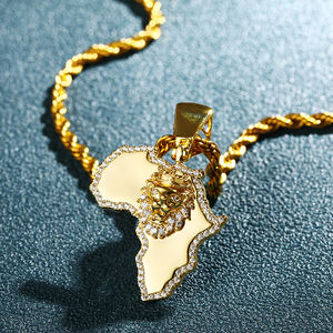 Iced Out 18K liontin Hiphop pria, berlapis emas kuningan Bling singa <span class=keywords><strong>King</strong></span> Mahkota peta Afrika perhiasan AAAAA zirkon - Product Image 4