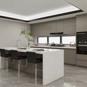 Ensemble d'armoires de cuisine grises modernes avec évier, contreplaqué MDF, panneau de particules avec dosseret en mélamine pour un usage en appartement - Product Image 1