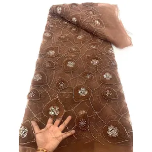 NI.AI Luxury Brown 3D Flower Embroidered Lace Pearls Fabric Beaded Lace Fabric Sequin Floral Net Lace For Dress