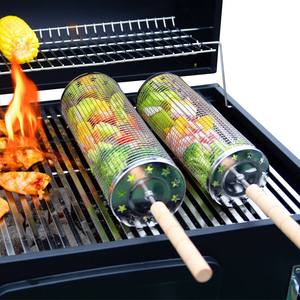 Cesta cilíndrica de malla de alambre de acero inoxidable para asar, portátil, para camping al aire libre, parrilla giratoria para barbacoa - Product Image 1