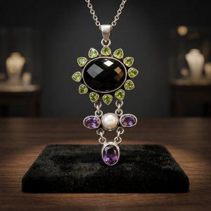 Pendentif Fleur en Argent 925 Art Palace avec Onyx Noir et Pierres d'Améthyste Serties Clos, Style Vintage, Bijoux de Fiançailles pour Femme - Product Image 3