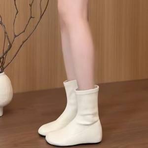 Version en stock ~ Nouvelles bottes d'équitation tendance pour femme, collection automne-hiver 2025, blanches, à talon compensé invisible, bout rond, extensibles, de haute qualité - Product Image 2