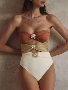 Traje de Baño Entero Bandeau para Mujer, 3 Colores, Decoración de Flores Metálicas, Corte en el Ombligo, Corte Alto, Spandex/Nylon, Secado Rápido, Transpirable - Product Image 2