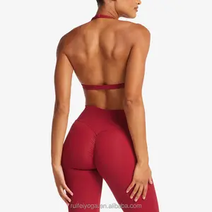 Wholesale Custom High Quality Nylon Spandex Quick-dry Lightweight Backless Women V-Neck Crop Halter Sport Bra Gym Workout Top