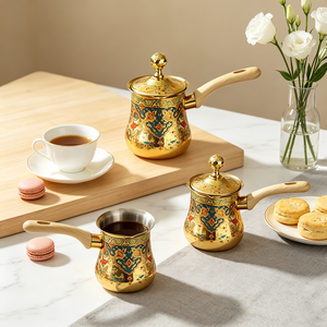 หม้อกาแฟตุรกีสแตนเลสสีทอง FLEY ขนาด 550/720/900 มล. ดีไซน์ย้อนยุค ฝาปิดแบบละลาย ใช้สำหรับอุ่นเนย นม เหมาะสำหรับใช้ในบ้านและร้านกาแฟ - Product Image 3