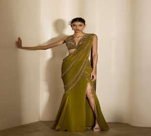 Sari élégant en tissu satiné pour femme, vert, style indien moderne, séchage rapide, toutes saisons, pour fêtes et occasions festives - Product Image 2