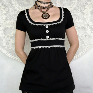 Haut babydoll à col en U, coupe ajustée, avec dentelle et patchwork pour femme - Product Image 5