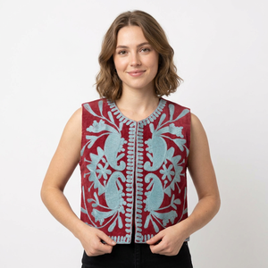 Veste d'automne vintage respirante en coton tissé à motif floral imprimé, faite à la main, courte, coupe droite, avec logo au dos, pour femme, style Rajasthan - Product Image 1