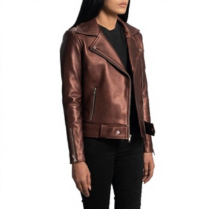 Women's Brown PU Leather Moto <b>Biker</b> <b>Jacket</b> With Zipper Closure And Side Pockets Regular Fit Autumn Wear - Product Image 1