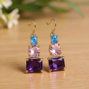 Boucles d'oreilles pendantes plaquées or avec pierres améthystes roses et bleues, style géométrique vintage pour femmes, bijoux de fête - Product Image 2