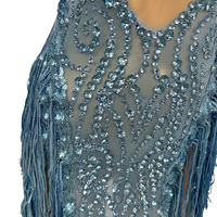 Robe moulante sexy bleue à franges et cristaux pour femme, idéale pour les soirées, cocktails, spectacles de chanteuse, tenue de festival