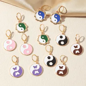 Colorful Enamel Flowers Dangle Earrings for Women Girls Cute Yin Yang Tai Chi Earrings Korean Jewelry