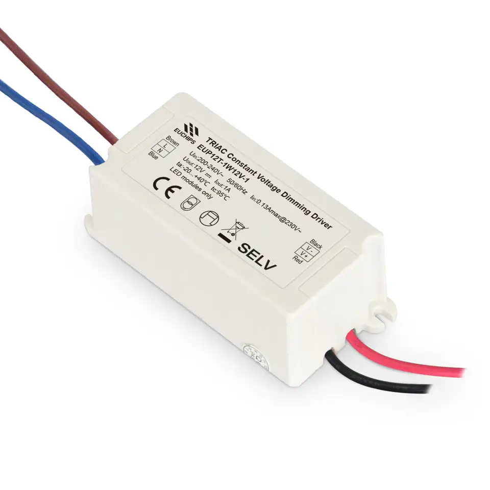 Euchip kontroler silikon LED Driver 12V DC 12W Output tegangan lebar konstan Triac Output tunggal tipe 12V DC bersertifikat CE