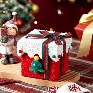 Kotak Hadiah Beludru Natal dengan Pohon Natal Bulu Pom Pom, Tutup Bergelombang Putih, Badan Merah, Pita Hijau, Kotak Kertas untuk Apel - Product Image 5