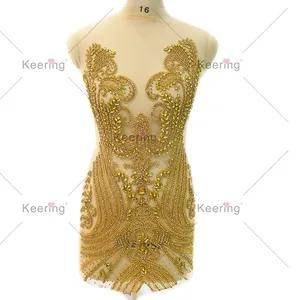 Keering robe de mariée or argent perlé strass corsage Applique cristal pour vêtement grand noir femmes WDP-406