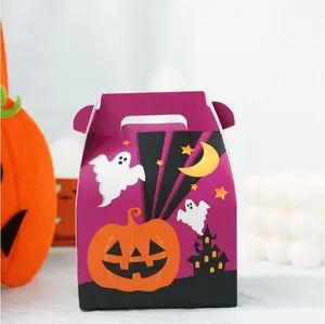 Ontwerp Creativiteit Halloween Zoete Kartonnen Papieren Pompoen Voor Chocolade Snoep Feestdoos Met Handvatten