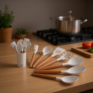 Ensemble d'ustensiles de cuisine en silicone Myrva de 12 pièces avec manches en bois, résistant à la chaleur, sans BPA, lavable au lave-vaisselle, ustensiles de cuisine de qualité alimentaire - Product Image 2