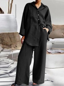 <span class=keywords><strong>Camicia</strong></span> a Maniche Lunghe in Cotone e <span class=keywords><strong>Lino</strong></span> per Donna con Pantaloni Larghi, Top con Colletto Casual per Primavera e Autunno - Product Image 4