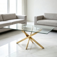 Table basse de salon de luxe avec plateau en verre trempé transparent, base en métal doré en forme de X robuste, table centrale rectangulaire pour la maison et le condo