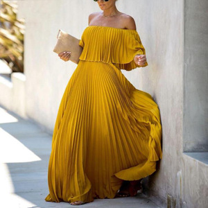Robe femme Sexy épaule dénudée épaule pliée robe de soirée en mousseline de soie couleur jaune S-3XL - Product Image 1