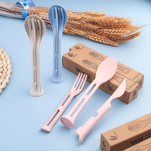Ensemble de couverts multifonctionnels portables pour enfants, en paille de blé, style nordique, fourchette, cuillère, couteau, vaisselle de voyage pliable - Product Image 2