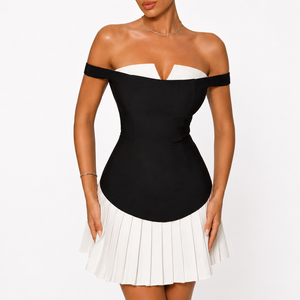 Fabricante de Vestidos Personalizados, Ropa a Medida, Vestido Corto Plisado Negro y <span class=keywords><strong>Blanco</strong></span> con Hombros Descubiertos para Mujer - Product Image 2