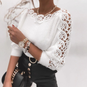 Pull en tricot blanc avec bordure en dentelle, épaules dénudées, coupe ajustée, haut pour femme, style Europe et Amérique - Product Image 3