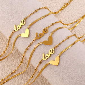 Double Layer Heart Love Pendant <b>Anklet</b> For Women <b>Gold</b> Zinc Alloy Minimalist Trendy Foot Ornament Gift Style - Product Image 2