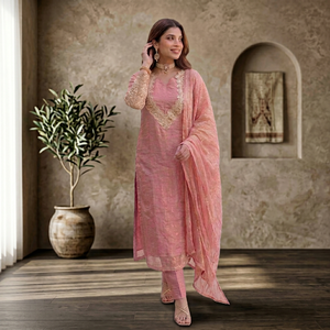 Women Embroidered Straight Kurta Set With Dupatta Pink Silk Traditional Salwar Kameez Ankle Length Regular Fit Casual Wear - Product Image 1