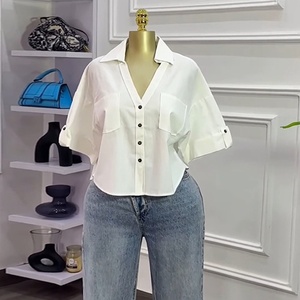 2026 Topseller Damen Herbst Halbarm V-Ausschnitt Einreihige Lose Bluse mit Taschen Lässiges Alltags-Shirt - Product Image 4