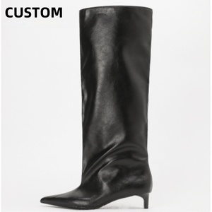 Wholesale <b>Knee</b>-<b>High</b> Boots Factory Direct Women Black Soft Leather Pointed Toe Kitten Heel Draped Wide Shaft Relaxed Long Boots - Product Image 1