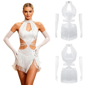 Women Practice Wear Training Latin Dance Fringed Dress With Long Gloves <b>Sequined</b> Dresses For Performance Competition Stage Shows - Product Image 2