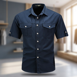 Outdoor <b>Men's</b> <b>Navy</b> <b>Blue</b> Short Sleeve Casual <b>Shirt</b> Turn-Down Collar Solid Summer Top - Product Image 4