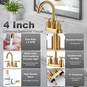 <span class=keywords><strong>Grifo</strong></span> de <span class=keywords><strong>Lavabo</strong></span> de Dos Manijas al por Mayor, <span class=keywords><strong>Grifo</strong></span> de Baño de Acero Inoxidable Dorado Cepillado <span class=keywords><strong>con</strong></span> Desagüe y Líneas de Suministro - Product Image 3