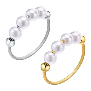 PVD plated online ring store Pearls Gold Color Stainless Steel Waterproof Thin Index Finger Ring for Women